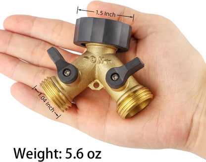 Garden Hose Splitter 2 Way Heavy Duty, Brass Faucet Adapter With Rubber Grip Handle For Gardening Water Hose Shut Off Valve Hose Connector Fittings Outdoor Water Spigot Hose Bib Y Splitter