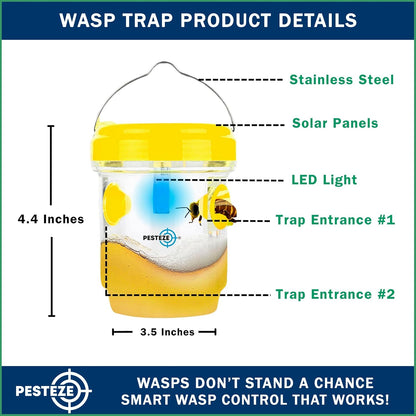 PESTEZE USA 2 Pack Reusable Solar Hanging Wasp Trap with LED Light [Yellow, 3.5×4.4 in] Attracts & Kills Wasps, Hornets, Yellow Jackets & Flying Insects Safely, Chemical-Free, Waterproof Outdoor Trap