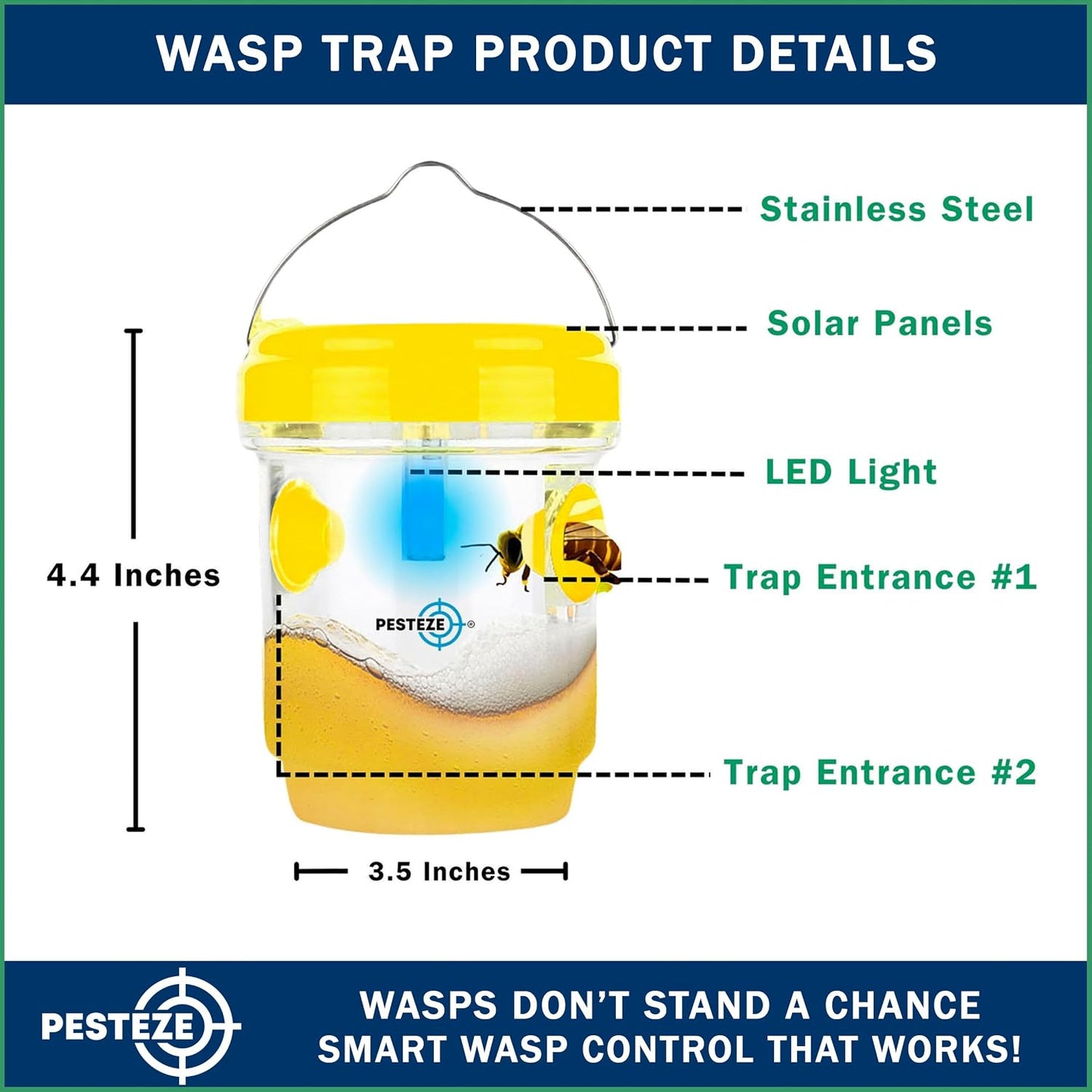 PESTEZE USA Reusable Solar Hanging Wasp Trap with LED Light [Yellow: 3.5 x 4.4 Inch] Attracts, & Kills Wasp, Hornet, Yellow Jacket & Insect Species 24/7 Without Harsh Chemicals Waterproof Outdoor Trap