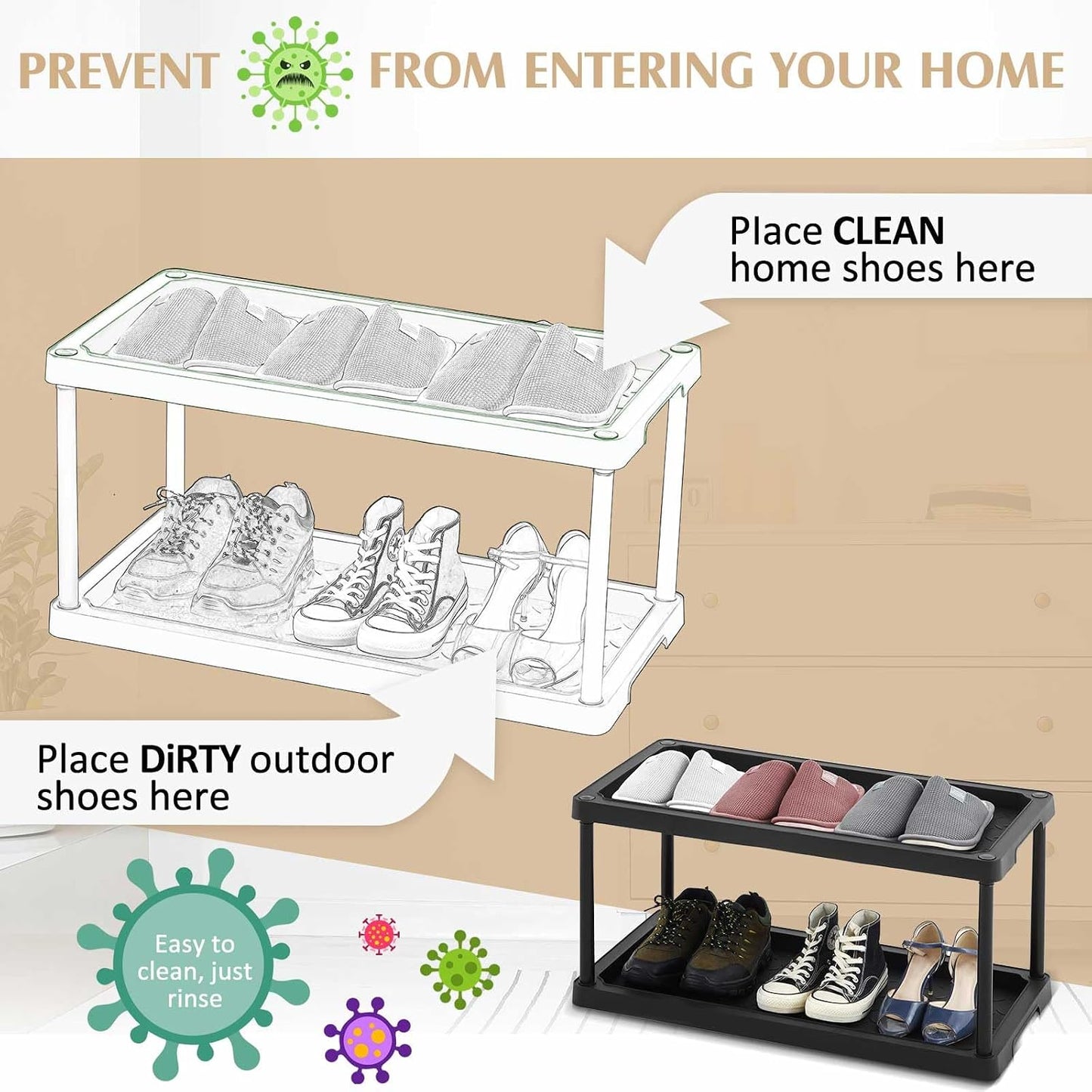 Cinnvoice Boot Tray Rack for Entryway Plastic Waterproof Shoe Mat Tray Large Storage Shelf for Indoor Outdoor Entryway Hallway Closet Use in All Seasons Black(28" d X 14.5" w X 29" h)