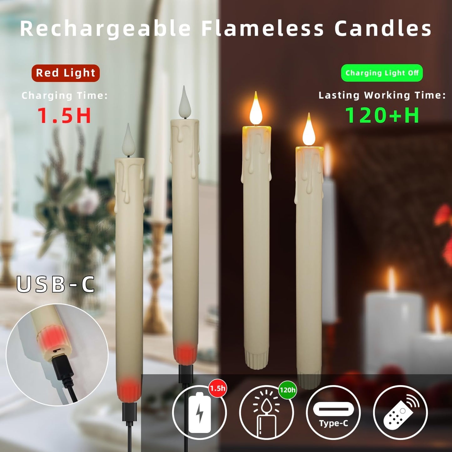 Flameless Taper Candles with Remote, 6.7 Inch Short Taper Candles Battery Operated with Flickering 3D Flame, Led Candle Sticks Safe for Windowsill Wedding Home Christmas Decor, Ivory, Set of 6