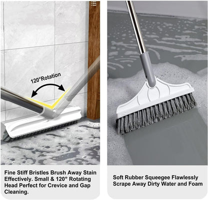 2 in 1 Cleaning Scrub Brush Grout Brush Scrape Floor Scrub Brush with Long Handle V-Shape Stiff Bristle Brush Scrubber with Squeegee 120°Rotating Shower Scruber for Cleaning Bathroom Glass Wall