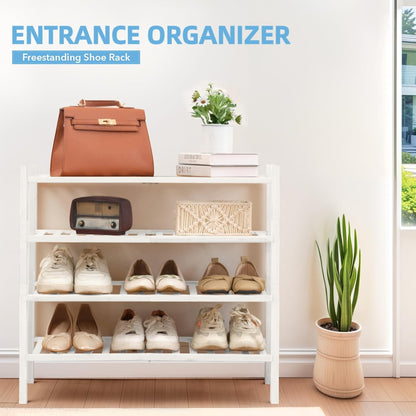 4 Tier Bamboo Shoe Rack Storage Organizer for Closet, Multifunctional Stackable Free Standing Shoe Shelf Organizer for Small Space,Entryway, Hallway, Bathroom27 x11 x26(White, 4 Tier)