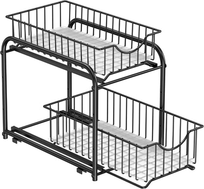 SONGMICS 2-Tier Pull Out Cabinet Organizers, Under Sink Organizer, Bathroom Organizer and Storage, Sliding Basket Drawers, Stackable for Kitchen, Bathroom, Metallic Silver UKCS017E01