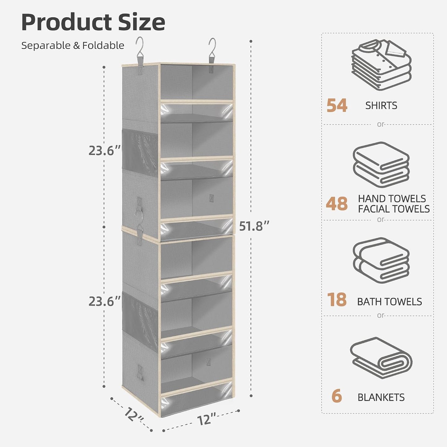 STORAGE MANIAC 6-Shelf Hanging Closet Organizer and Storage, 2 Separable 3-Shelf Haning Organizers for Closet, Collapsible Hanging Shelves Wardrobe Organization, College Dorm Room, Nursery, Beige