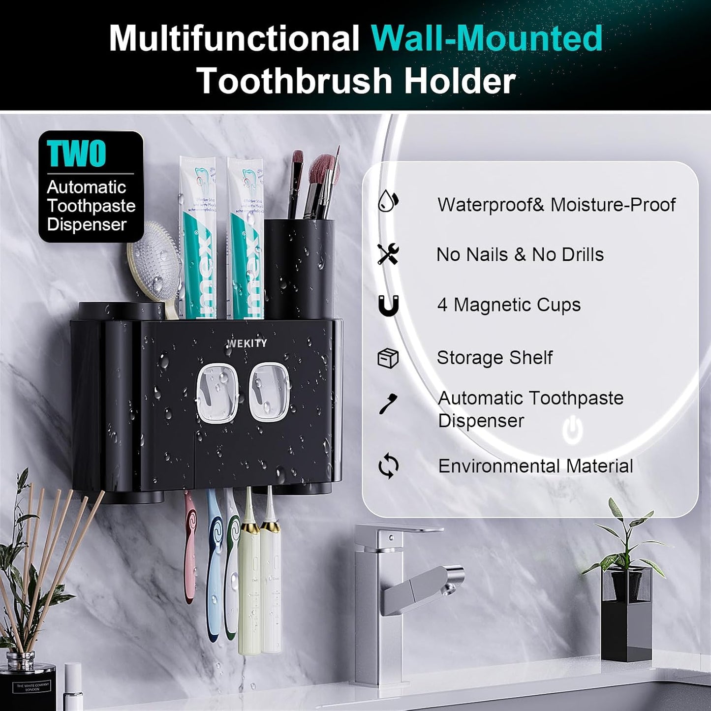 Toothbrush Holder Wall Mounted, WEKITY Multi-Functional Toothbrush and Toothpaste Dispenser for Bathroom, with 5 Toothbrush Slots, 2 Toothpaste Squeezers and 4 Cups(Grey)