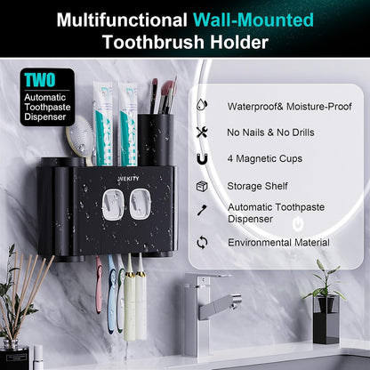 Toothbrush Holder Wall Mounted, WEKITY Multi-Functional Toothbrush and Toothpaste Dispenser for Bathroom, with 5 Toothbrush Slots, 2 Toothpaste Squeezers and 4 Cups(Grey)