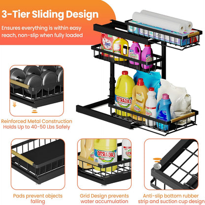 Under Sink Organizer and Storage for Bathroom and Kitchen - 2 Pack 3 Tier Under Cabinet Pull Out Shelf Organizers - Slide Out Drawer Organization for Home Cabinets Shelves and Drawers