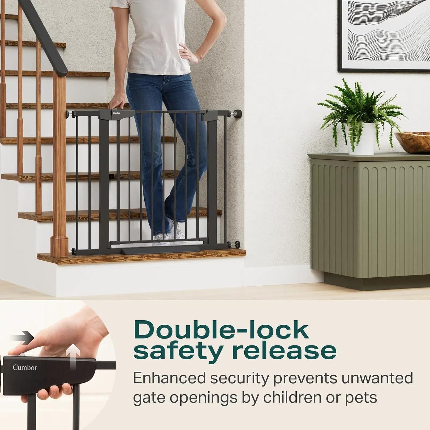 Cumbor 29.7-48" Baby Gate for Stairs, Mom's Choice Awards Winner-Dog Gate for Doorways, Auto Close Safety Pet Gate for Dogs Indoor, Easy Install Pressure Mounted Child Gate with Walk Thru Door, Brown