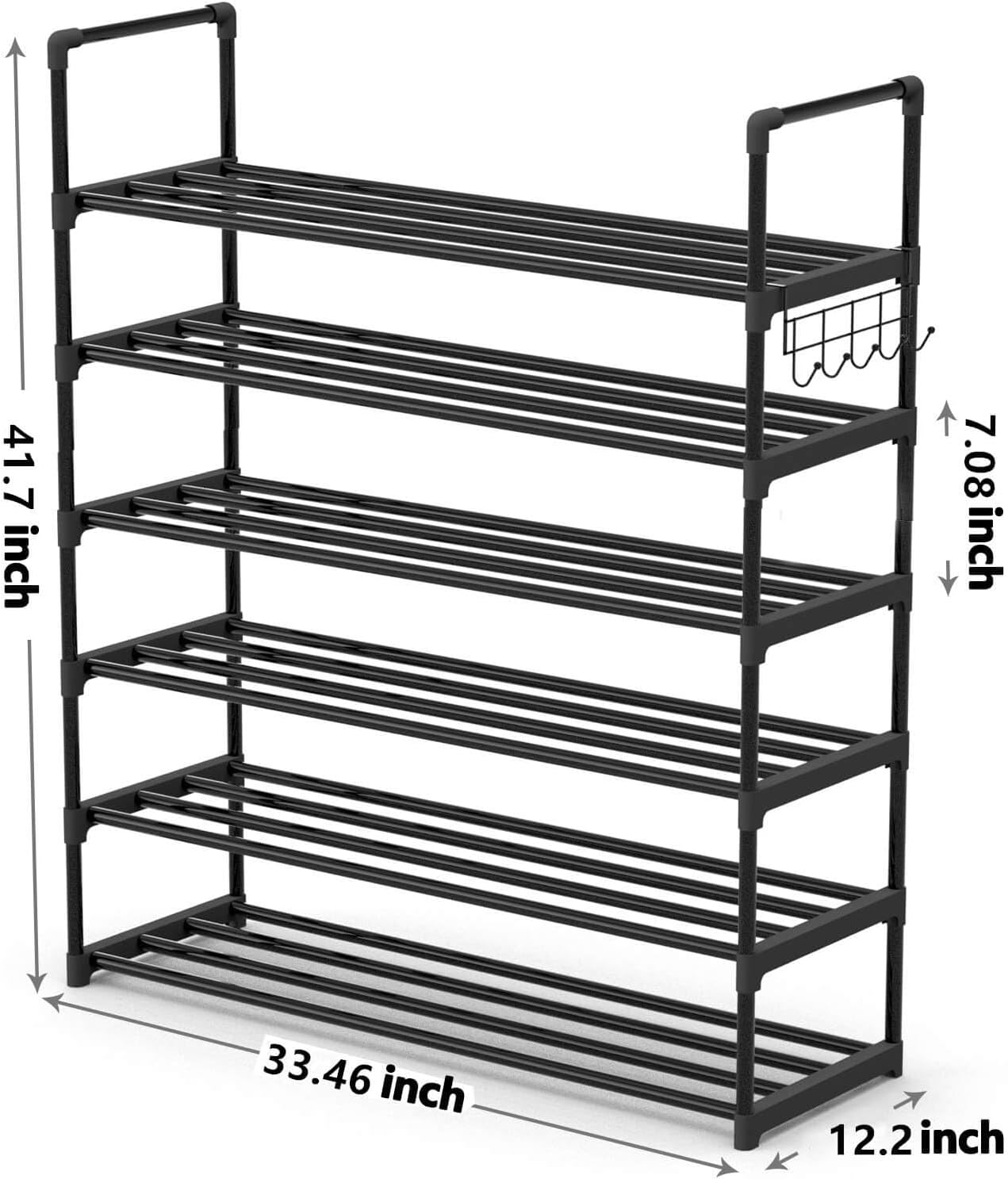 Hsscblet 5 Tiers Metal Shoe Rack,Adjustable Shoe Shelf Storage Organizer with Hooks,Stackable Boot & Shoe Storage,for Entryway,Hallway,Closet,Black