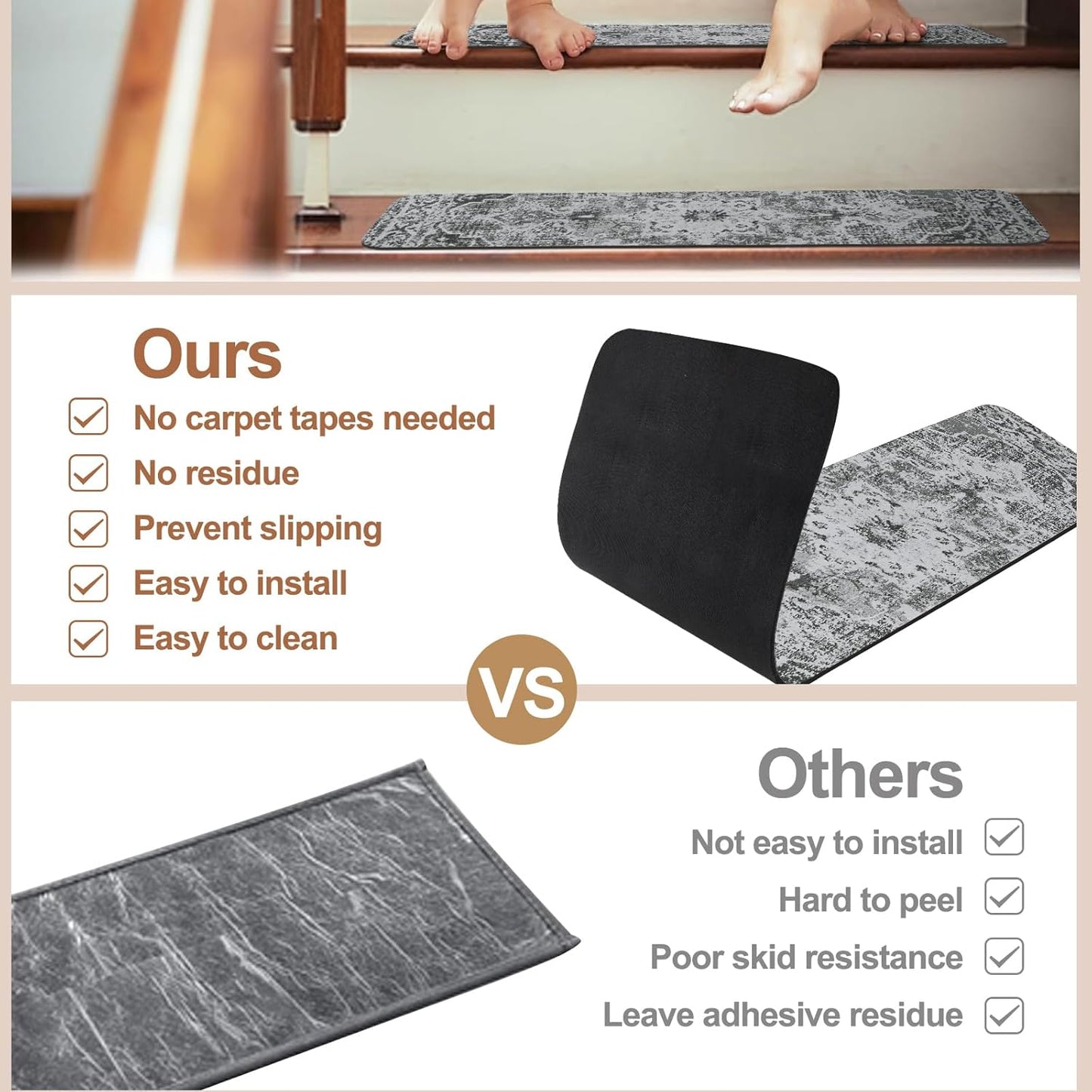 OJIA Non-Slip Carpet Stair Treads for Wooden Steps Set of 15, 30''X8'' Indoor Runner Resistant Rugs Rubber Safety Mats for Dogs, Kids & Elders, Stairway Grip
