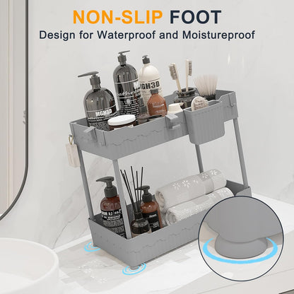 Sevenblue 2 Pack Under Sink Organizer, Under Bathroom Cabinet Organizer with Hooks Hanging Cup, Multi-Purpose Storage Shelf for Kitchen Bathroom, Black