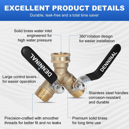 Brass Garden Hose Splitter 2 Way Heavy Duty, Safe Water Hose Splitter with 304 Stainless Steel Long Handle, Outdoor Full Flow Hose Bib Splitter Connector, Y Valve 3/4 Inch GHT Thread