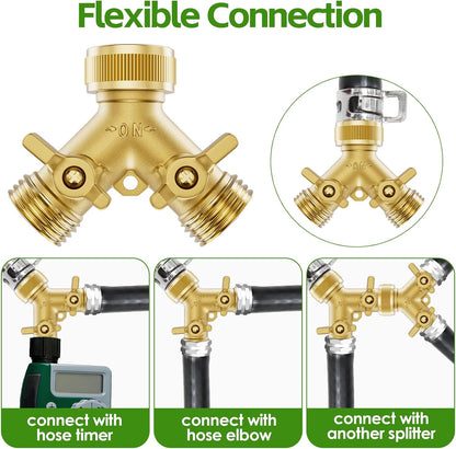 SPECILITE Heavy Duty Brass Garden Hose Splitter 2 Way, Water Hoses Y Connector with 6 Extra Rubber Washers, 1 Teflon Tape for Water Tap, Outlet