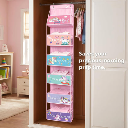 2 Pack Weekly Clothes Organizer for Kids, 6 Shelf Hanging Closet Organizer with Clear Window, Foldable Days of the Week Over the Door Outfit Organizer with Labels for Closet School