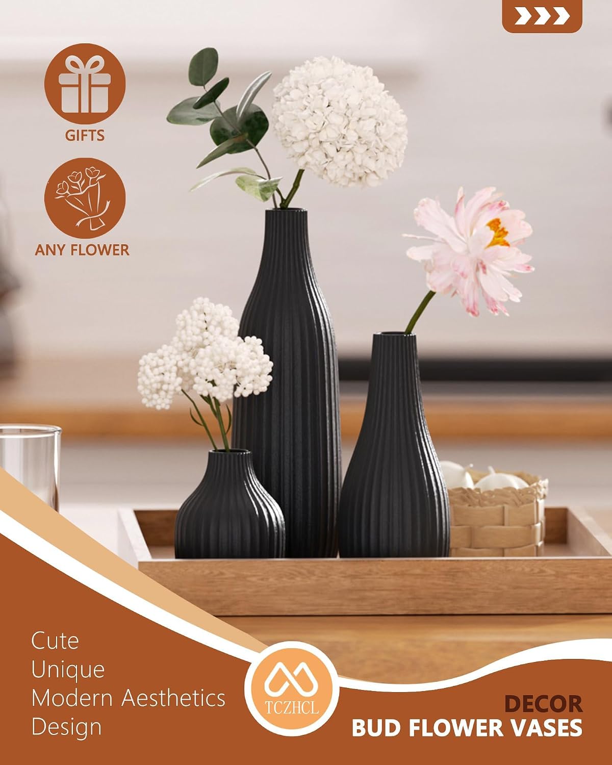 Minimal Line White Ceramic Vase Set of 3 - Modern Nordic Boho Decorative Vases for Home Table Decor, Shelf, Entryway, Coffee Table, Dining Table Centerpiece, Fireplace Mantel - Matte White