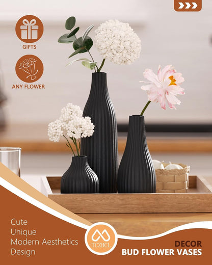 Minimal Line White Ceramic Vase Set of 3 - Modern Nordic Boho Decorative Vases for Home Table Decor, Shelf, Entryway, Coffee Table, Dining Table Centerpiece, Fireplace Mantel - Matte White