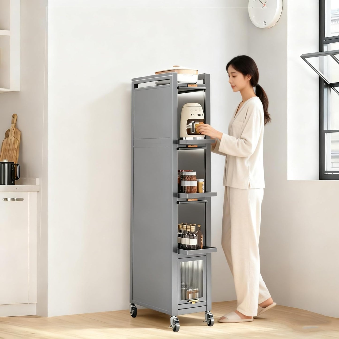 5-Tier Tall Narrow Mobile Shelf Organizer, Slim Storage Cart on Wheels | Pull Out Cabinet Organizer for Small Space Kitchen Space Saving, with Transparent Flap Door Design, Grey