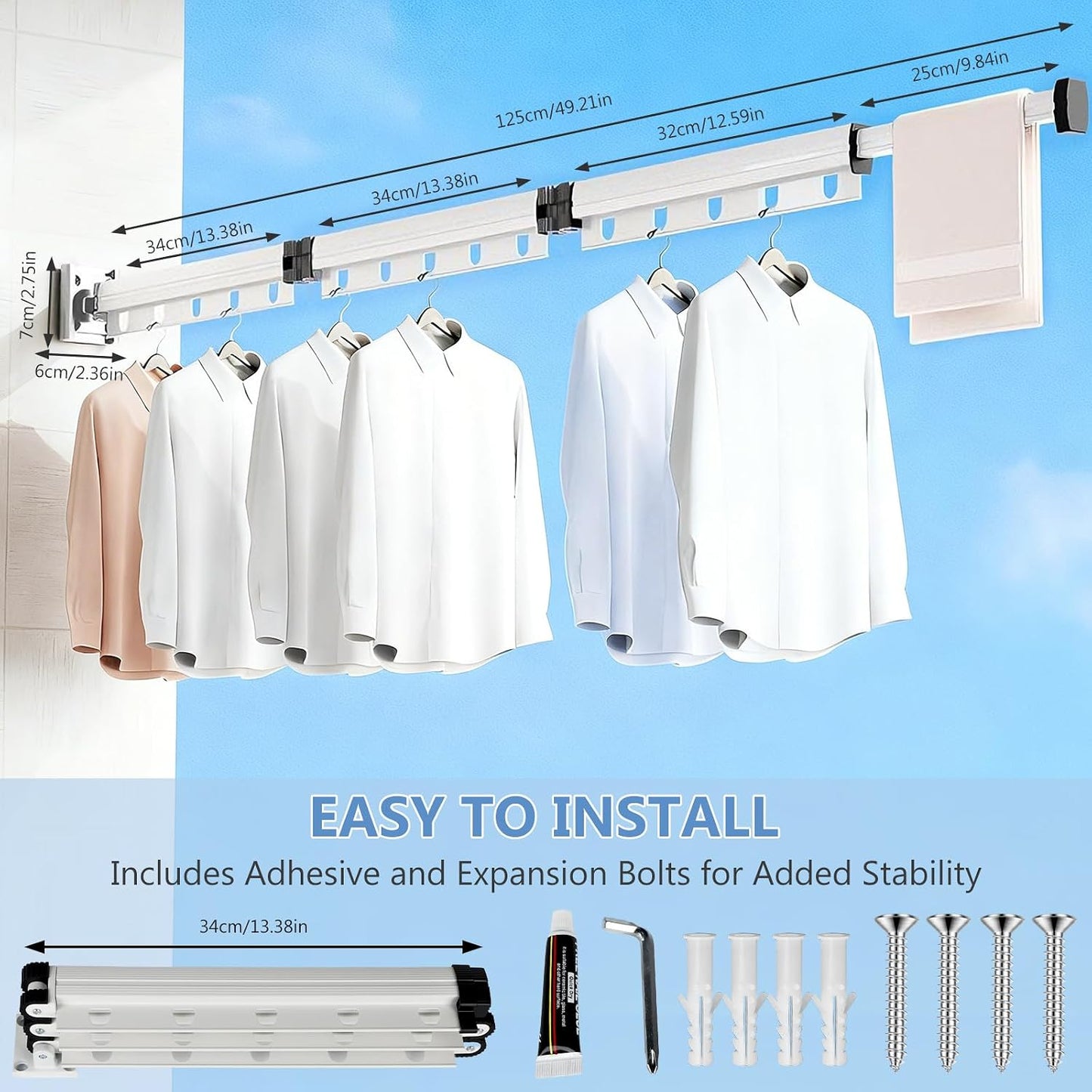 Clothes Drying Rack Wall Mounted with Suction Cup, Drying Racks for Laundry | 3-Fold Laundry Hanger Dryer Rack Space Saver, Retractable Laundry Rack for Mudroom, Wardrobe, Bathroom & Balcony
