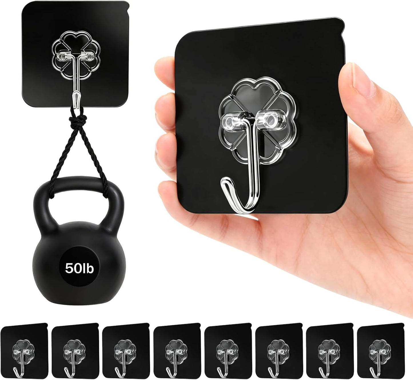 Adhesive Wall Hooks for Hanging Heavy Duty 50 lbs Large Hooks for Walls No Damage, Towel Sticky Clear Hook, Waterproof, Home, Bathroom, Kitchen, Office, and Outdoor 10 Pack