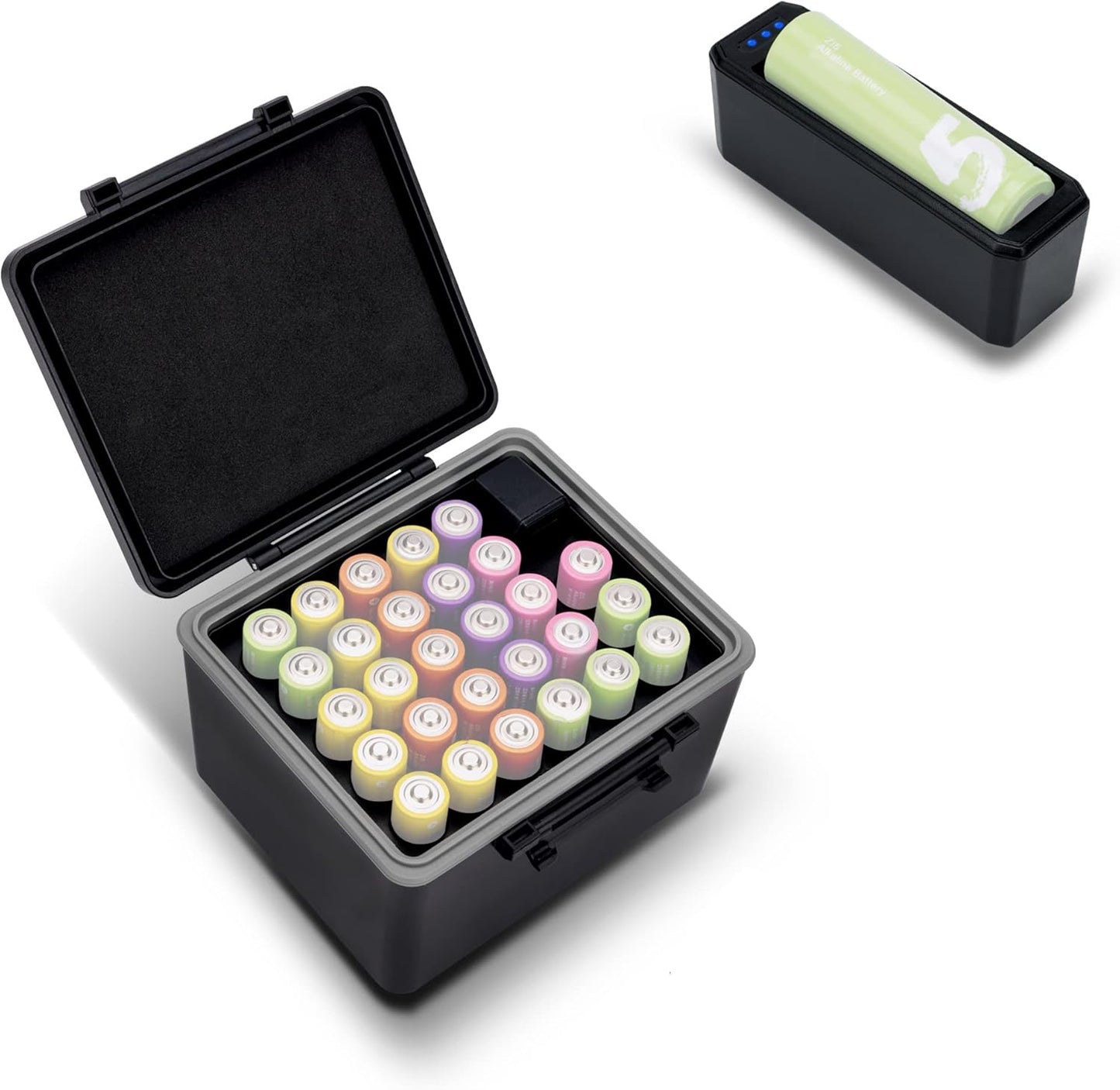 JJC AA AAA Battery Hard Case with Tester Checker, 34 Slots Battery Storage Organizer for 20 AA and 14 AAA Batteries, Water-Resistant and Shockproof Batteries Holder Container