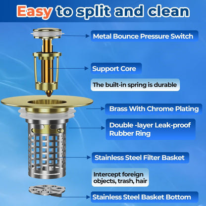 Bathroom Sink Drain Strainer(2PCS), Stainless Steel Pop-up Strainer Basket Hair Catcher with Removable Basket, Brass Bullet Core, Universal Fit 1.1-2.36 Inch