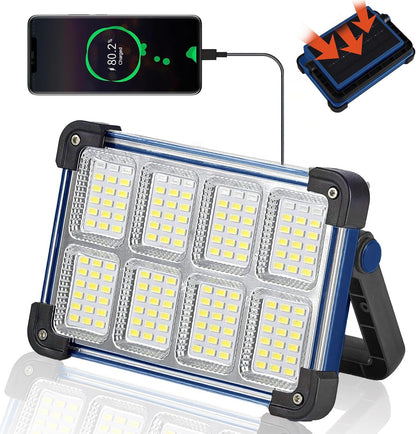 120W Solar Rechargeable Work Light, 144 LED 10000LM Portable Flood Light with Stand, IP66 Waterproof 4 Modes LED Job Site Lighting Flashlights for Mechanic Camping Fishing Car Repair