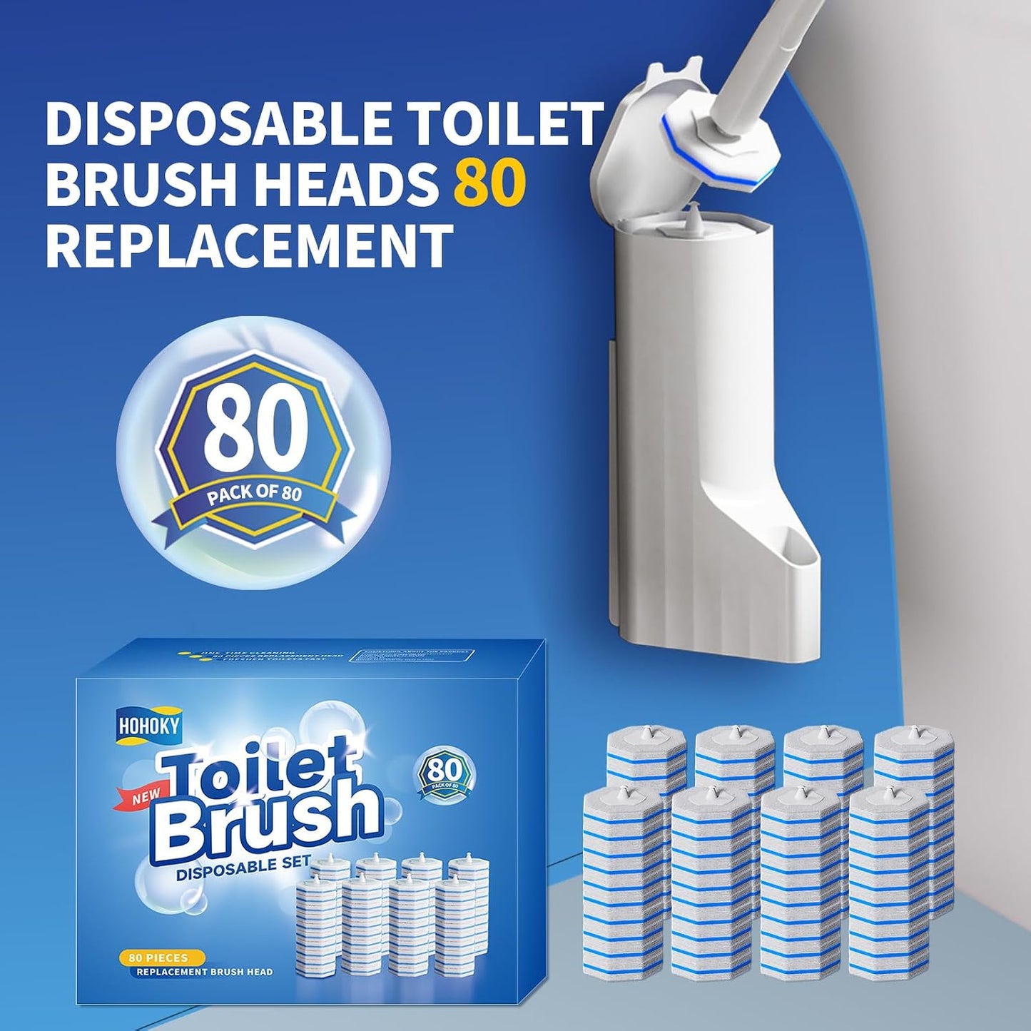 Hohoky Disposable Toilet Brush Cleaning System, Two Sets of Wands and 60p Refills Pads Replacement Heads, Wall Mounted Toliet Stick Wand Starter Kit Bathroom Maintenance, Toilet Bowl Cleaner Holder
