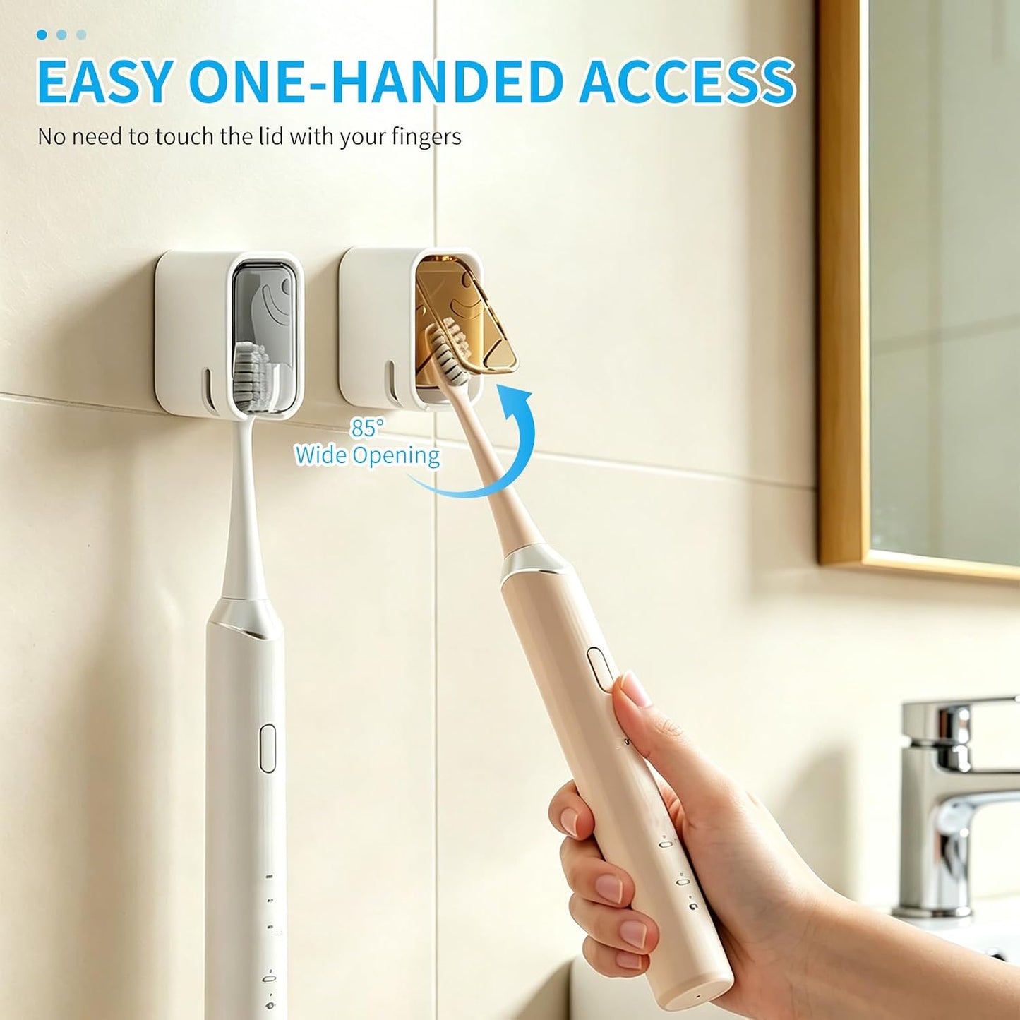 Toothbrush Holders for Bathroom 2 Pack, Drill-Free Wall Mount Single Slot with Dustproof Cover, Easy-Clean Organizer for Shower, Apartment & Travel (Gray & Brown)