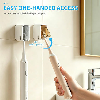 Toothbrush Holders for Bathroom 2 Pack, Drill-Free Wall Mount Single Slot with Dustproof Cover, Easy-Clean Organizer for Shower, Apartment & Travel (Gray & Brown)