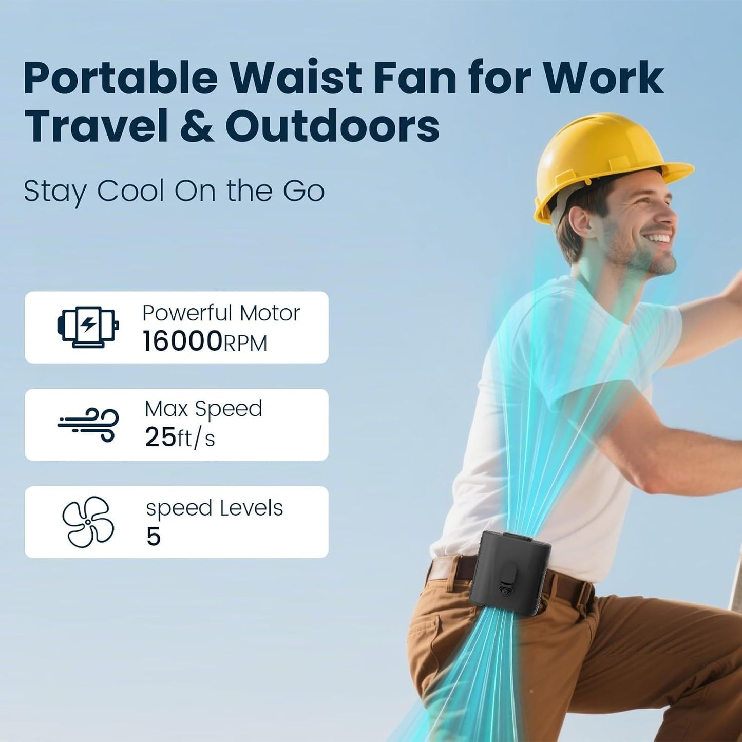 Waist Fan - 3-Speed Clip-On Fan, 16000RPM, 10000mAh Rechargeable Battery, LED SOS Light - Portable Cooling for Outdoor & Work