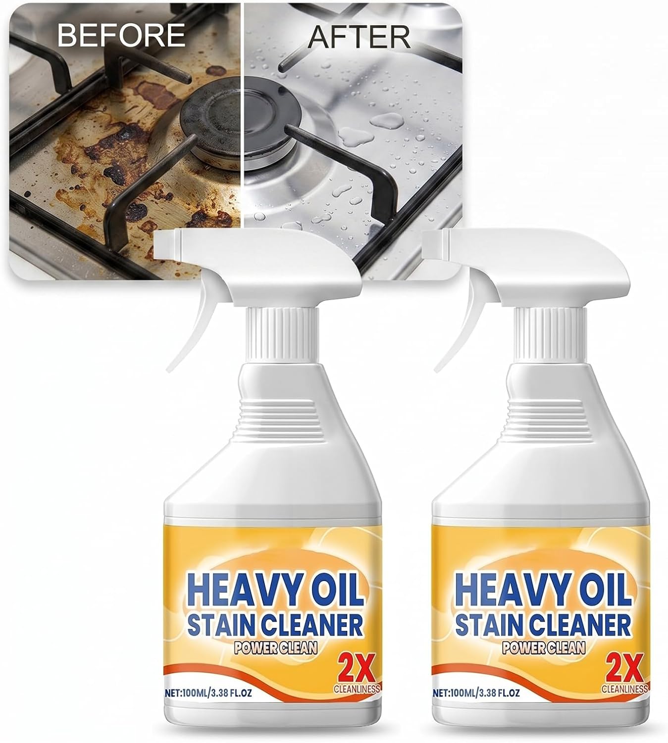 Heavy Duty Kitchen Degreaser Spray, Powerful Cleaner for Stubborn Oil Stains, Grease Remover for Stovetops, Countertops, Ovens & Grills, 2 PCS