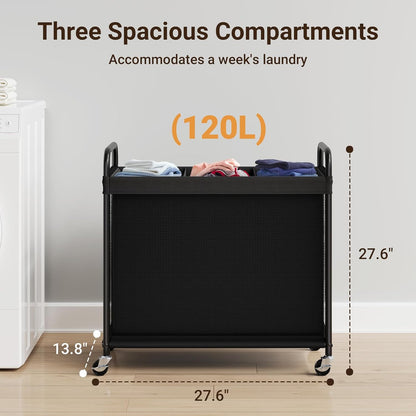ELYKEN Laundry Hamper 3 Section, 120L Rolling Laundry Sorter with Removable Liner Bag, Laundry Basket with Wheels, Steel Frame with Metal Handle, Clothes Hamper Cart for Laundry Room & Bedroom