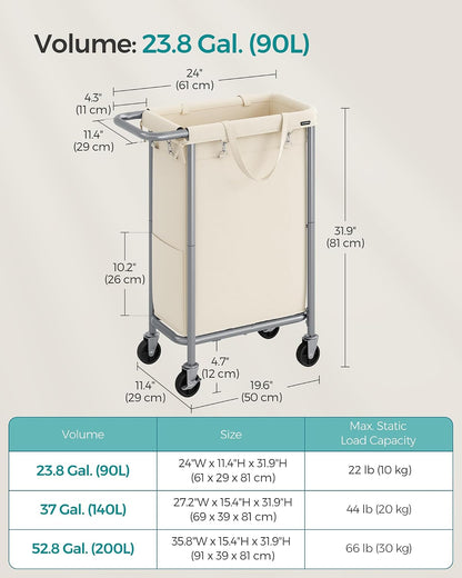 SONGMICS Laundry Basket with Wheels, 3-Section Rolling Laundry Hamper, 52.8 Gallons (200 L), Removable Liner, Steel Frame with Handle, 35.8 x 15.4 x 31.9 Inches, Cream White URLS005W01