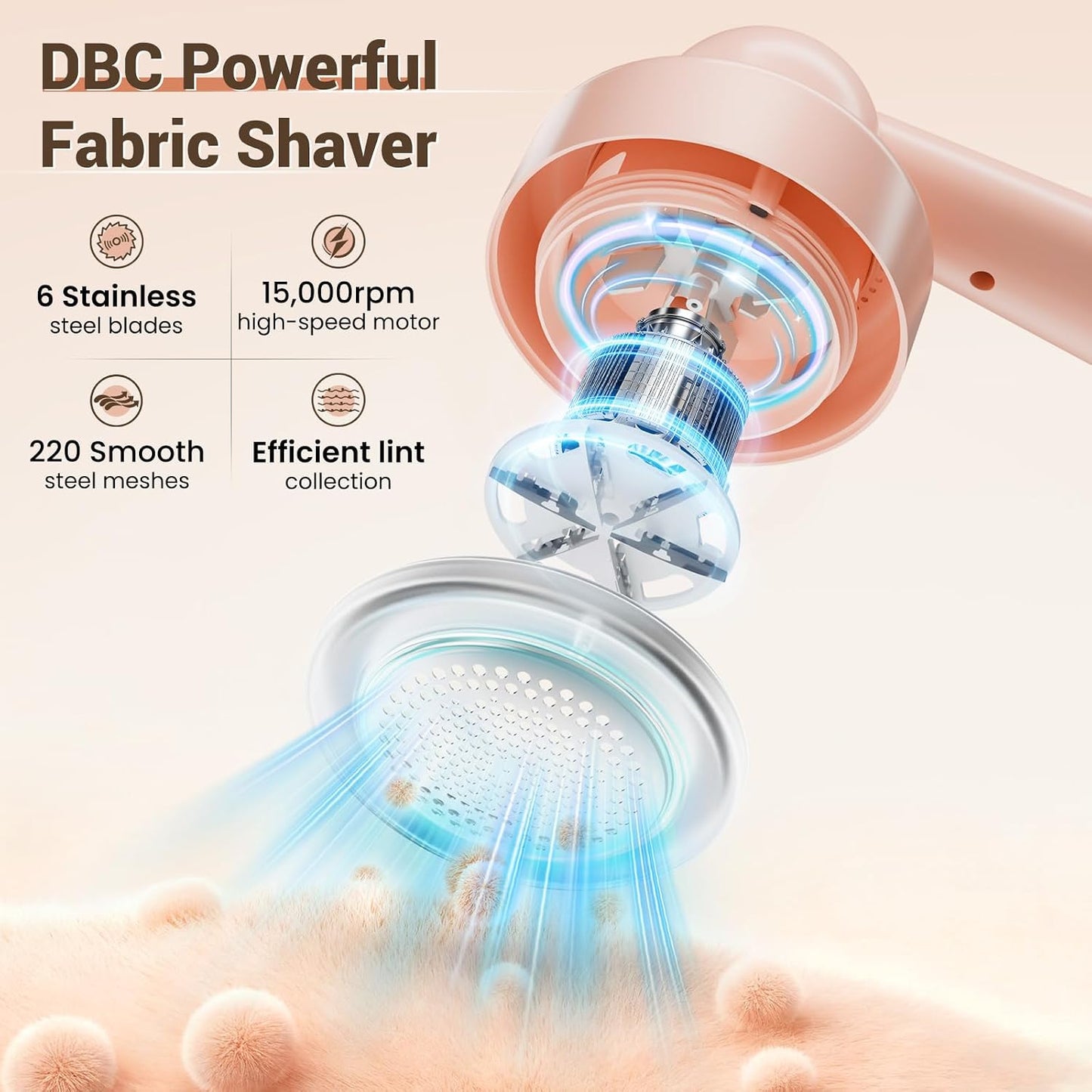 DBC Fabric Shaver & Lint Remover for Clothes, Sweaters & Furniture - 6-Leaf Blade, 3 Speeds, 2H Runtime, Portable Design Perfect for Travel, Includes 2 Extra Blades
