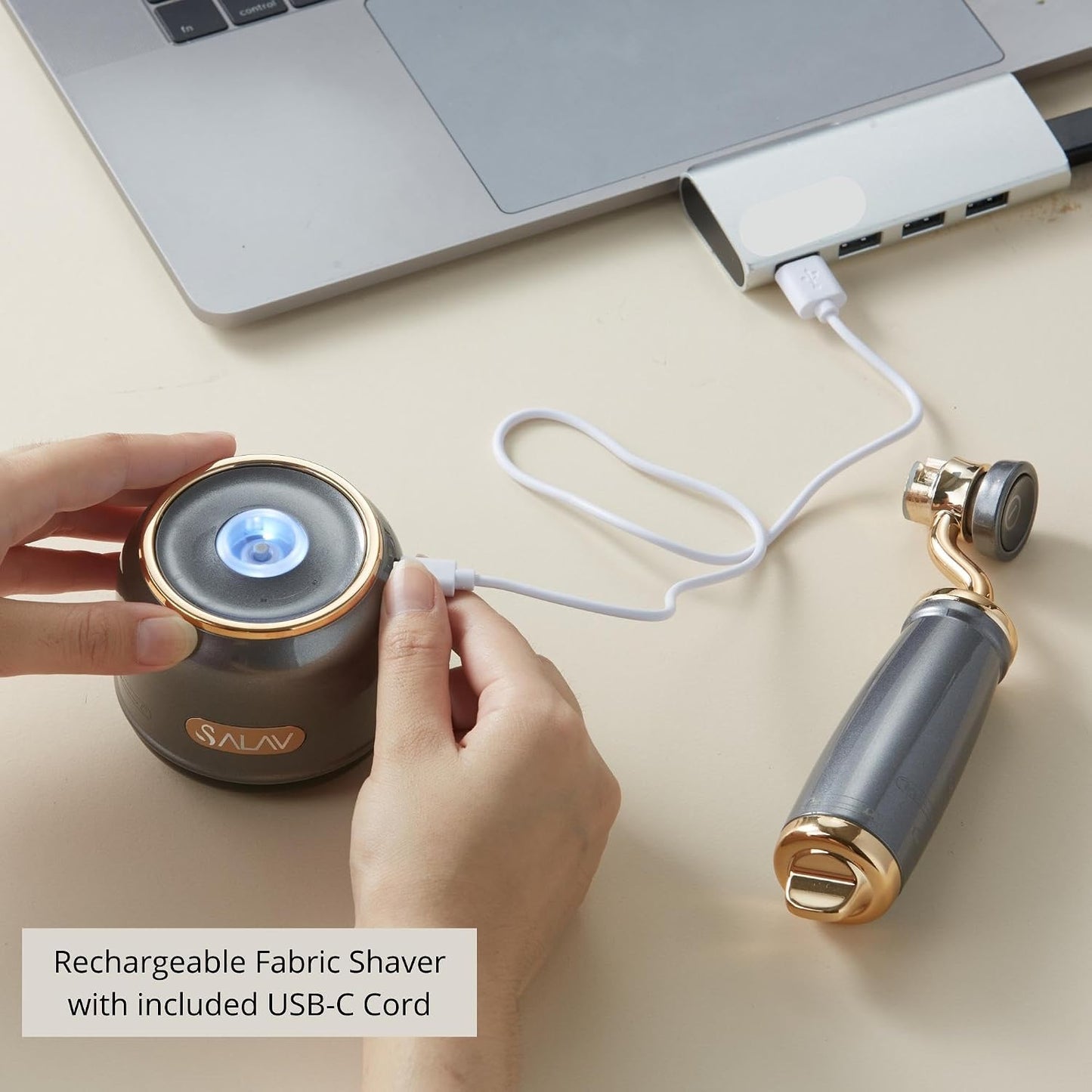 SALAV® Retro Edition 2-in-1 Rechargeable Fabric Shaver and Lint Roller, 6-Blade System, Removes Fuzz and Pilling on Fabrics, Includes Charging Cable (Rose)