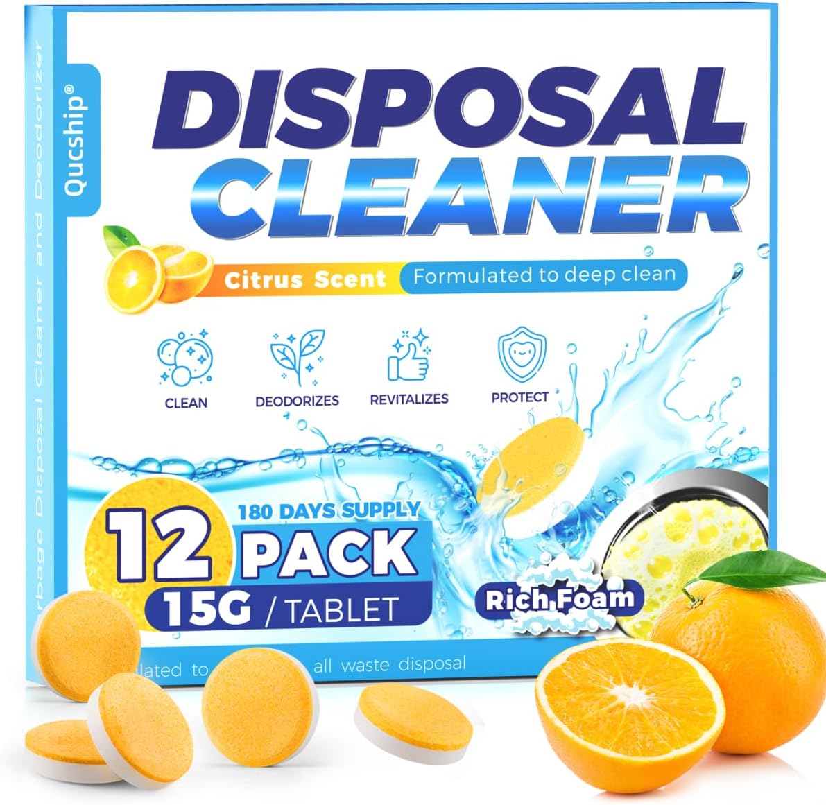 Garbage Disposal Cleaner and Deodorizer Tablets - 24 Pack, Powerful XXL Foaming Disposal Cleaner - Citrus Scented Foam, Natural Garburator & Sink Freshener, Septic Safe Kitchen Drain Cleaning Care