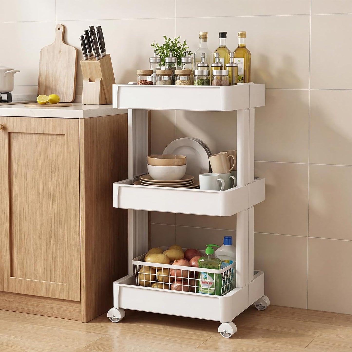 GOFLAME 4-Tier Rolling Utility Cart, Multifunctional Slim Storage Trolley with Detachable Trays and Wheels, Mobile Shelving Unit Organizer for Kitchen, Living Room and Bathroom (20” × 5” × 40”)