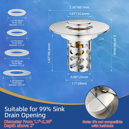 1.1"-2.36" Bathroom Stopper Stainless Steel Hair Catcher Silver 1 Pack | pop-up stopper with detachable hair filter, rustproof, easy clean & install, blocks hair to stop drain clogs