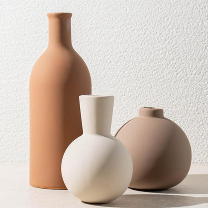 Ceramic Vase Set of 3, Modern Minimalist Neutral Home Decor, Boho Rustic Farmhouse Decorative Vases for Pampas Grass Dried Flowers | Table Centerpiece Entryway Mantel Bookshelf(Black Mix Set - Gray#1)