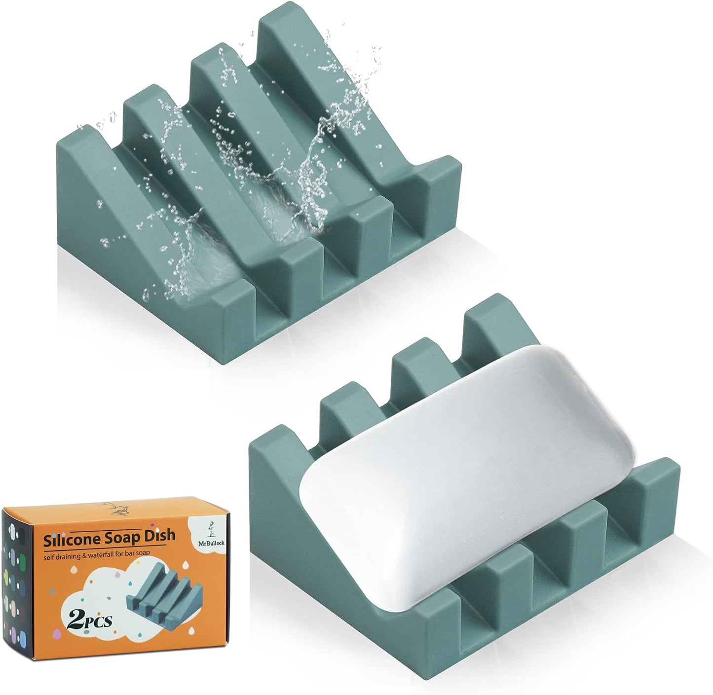 Self Draining Silicone Soap Dish with Suction Cups - Non-Slip Bar Soap Holder for Shower & Kitchen, Waterfall Tray Keeps Soap Dry, Easy Clean, Extends Soap Life (White, 1)