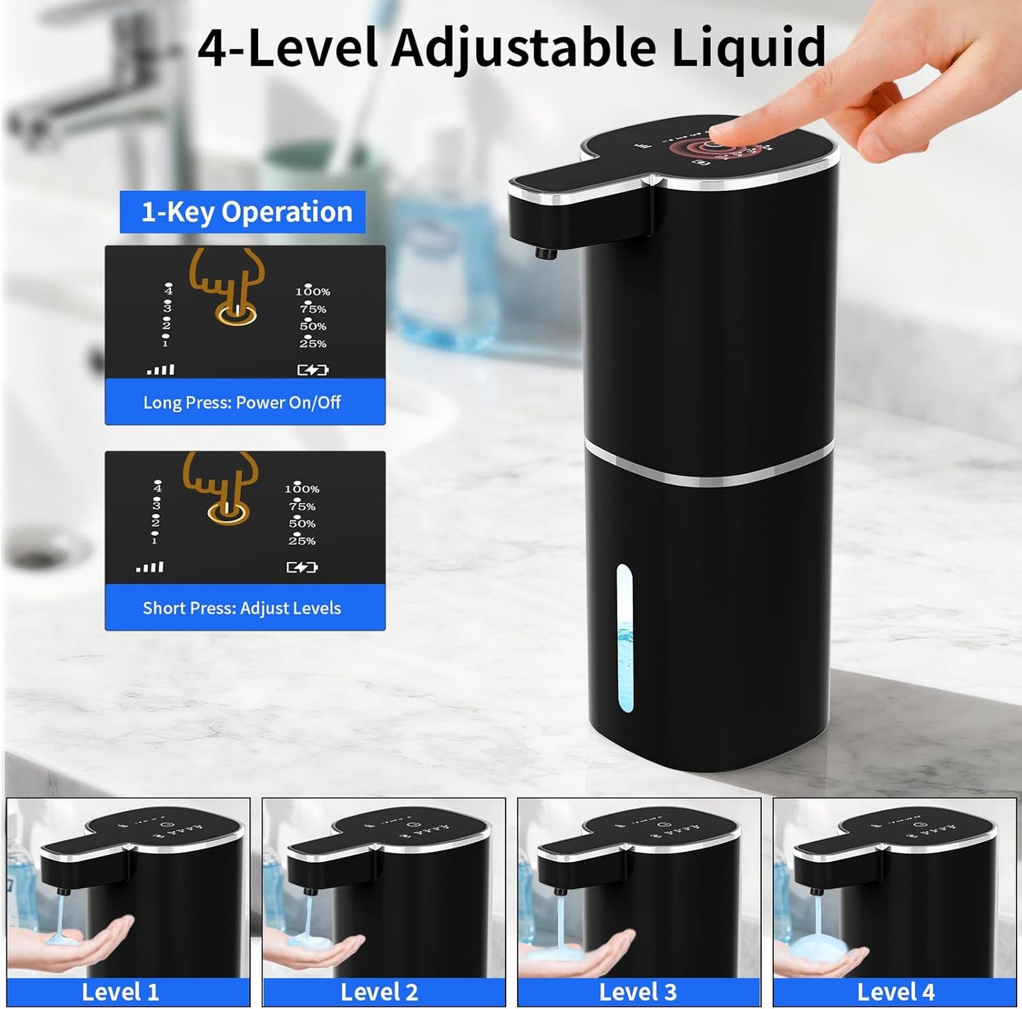 Automatic Foaming Soap Dispenser, Touchless Hand Soap Dispenser, USB Rechargeable, 4 Adjustable Levels, 14.2 oz (420 ml) Large Capacity, for Bathroom, Kitchen & School (Black, Foaming)
