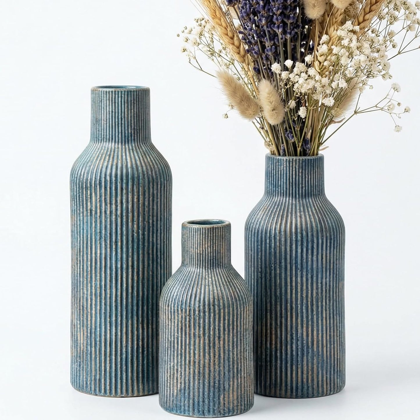 White Ceramic Flower Vases Set of 3, Modern Matte Vertical Ribbed, Nordic Minimalist Decor for Pampas, Dried & Fresh Flowers, Centerpiece for Living Room, Shelf, Entryway, Wedding,Office