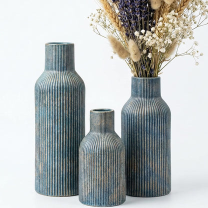 White Ceramic Flower Vases Set of 3, Modern Matte Vertical Ribbed, Nordic Minimalist Decor for Pampas, Dried & Fresh Flowers, Centerpiece for Living Room, Shelf, Entryway, Wedding,Office