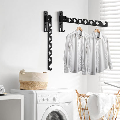 3 Pack Black Wall Mount Coat Hanger Holder, Retractable Folding Clothes Hanging Rack Aluminum Coat Hanger Wall Mount Clothes Drying Rack Space Saver for Laundry Room Bedroom Indoor