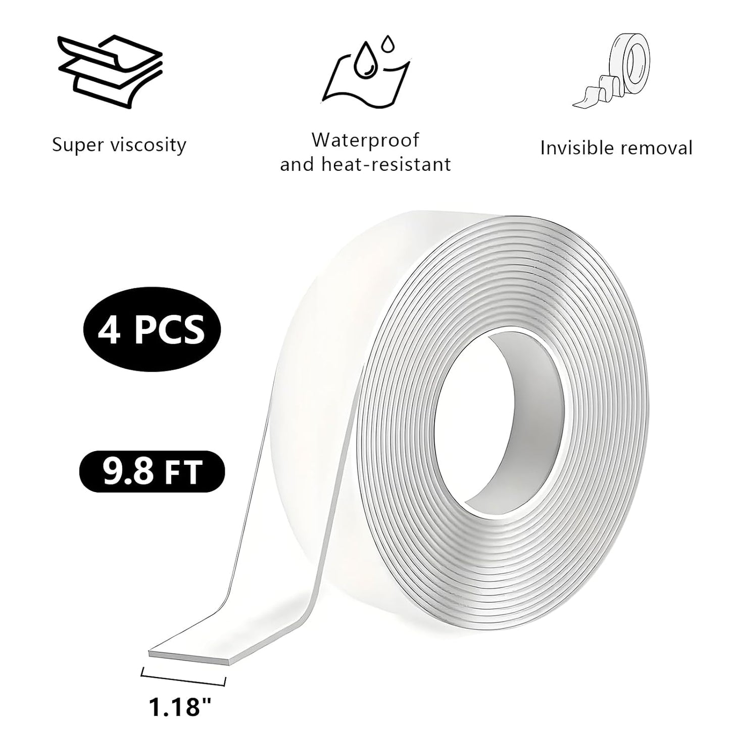 Nano Tape, Double Sided Tape, Removable Wall Tape for Hanging Picture, Poster, Carpet, Wall/Car/Home Mounting Strips, No Residue Clear Adhesive (4PCS)