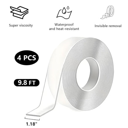 Nano Tape, Double Sided Tape, Removable Wall Tape for Hanging Picture, Poster, Carpet, Wall/Car/Home Mounting Strips, No Residue Clear Adhesive (4PCS)