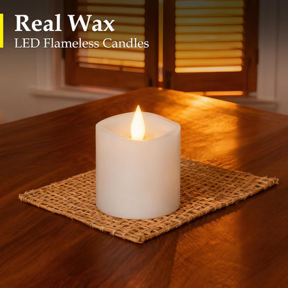 3"x4" Flickering Flameless Battery Candles with Timer, White Realistic LED Pillar Candles, Set of 2 Large Remote-Operated Candles for Home Indoor/Outdoor & Holiday Decor