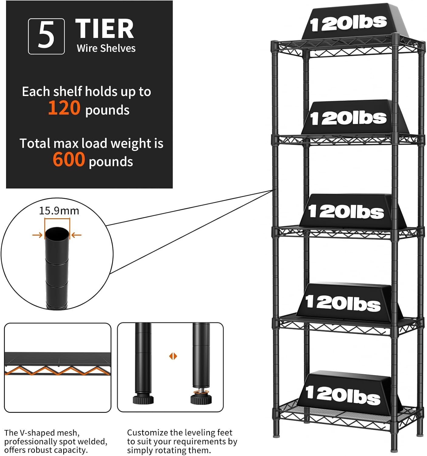 Golpart 4 Tier Adjustable Storage Shelves Metal Utility Shelf Wire Shelving Unit Organizer Rack for Home Kitchen Office Bathroom Pantry Room 12" D x 18" W x 44" H