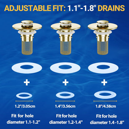 2PCS Bathroom Sink Stopper Strainer, Pop-Up Bathroom Sink Drain Strainer with Removable Stainless Steel Hair Catcher Basket, Universal Fit for US Bathroom Sinks, Bathtubs, Showers & Floor Drains